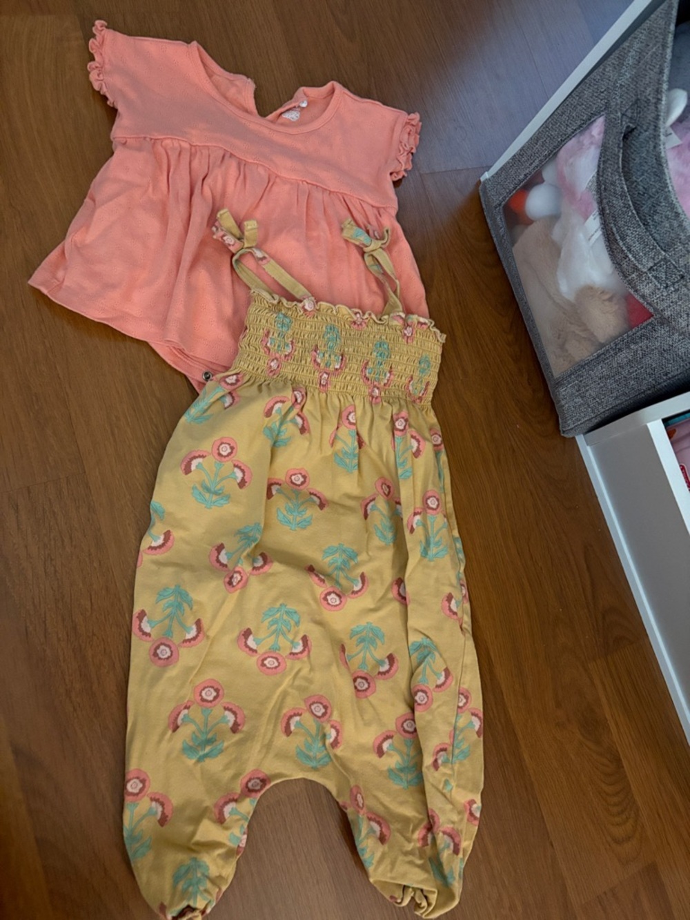 Girls Peach Top & Mustard Floral Romper Set